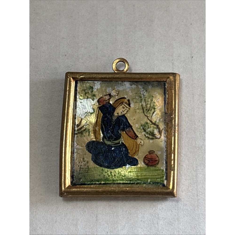 Small Hand Painted Persian Turkish Scene On Mother Of Pearl Pendant